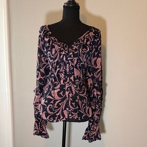 Anthropologie Floral Print Women's Top - Pink and Navy